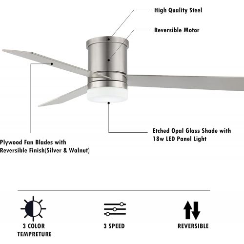  WINGBO 52 Flush Mount Modern Ceiling Fan with Light and Remote Control, Hugger Ceiling Fan Brushed Nickel, 3 Reversible Blades, Low Profile LED Ceiling Fan for Living Room Kitchen