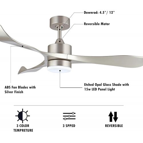  WINGBO 52’’ Modern Ceiling Fan with Lights and Remote, Brushed Nickel Ceiling Fan, 3 Curved Blades, Noiseless Reversible Motor, Indoor LED Ceiling Fan for Kitchen Bedroom Living Ro