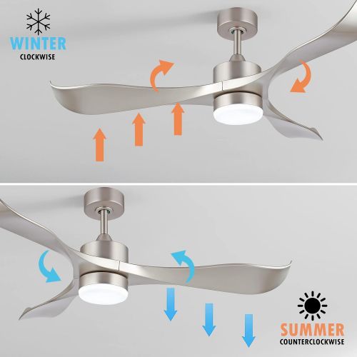  WINGBO 52’’ Modern Ceiling Fan with Lights and Remote, Brushed Nickel Ceiling Fan, 3 Curved Blades, Noiseless Reversible Motor, Indoor LED Ceiling Fan for Kitchen Bedroom Living Ro