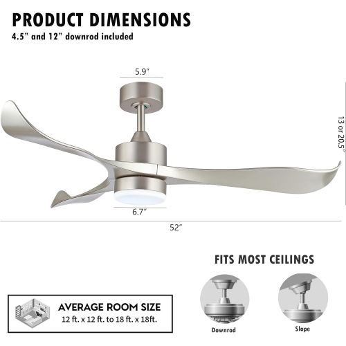  WINGBO 52’’ Modern Ceiling Fan with Lights and Remote, Brushed Nickel Ceiling Fan, 3 Curved Blades, Noiseless Reversible Motor, Indoor LED Ceiling Fan for Kitchen Bedroom Living Ro