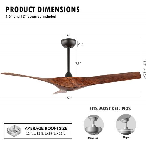  WINGBO 52 DC Ceiling Fan without Lights, Walnut Bronze Ceiling fan with Remote, 3 Curved ABS Blades, Noiseless Reversible DC Motor, Modern Ceiling Fan for Kitchen Bedroom Living Ro