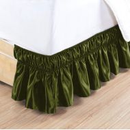 WINGS COLLECTION Fade Resistance Smooth Satin Silk 1 PC Wrap Around Bed Skirt 10 inch Drop (Olive Green, Expanded Queen Size) Fully Elastic for Easy Fit Wrap Ruffle Bedskirt