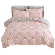 WINLIFE Pink Bedding Set Cotton for Girls Feather Printed Reversible Duvet Cover Set (Feather Twin)