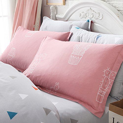  WINLIFE Pink Bedding Set Cotton for Girls Feather Printed Reversible Duvet Cover Set (Feather Twin)