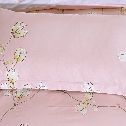  WINLIFE Pink Bedding Set Cotton for Girls Feather Printed Reversible Duvet Cover Set (Feather Twin)