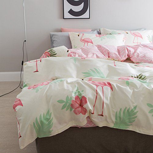  WINLIFE Pink Bedding Set Cotton for Girls Feather Printed Reversible Duvet Cover Set (Feather Twin)