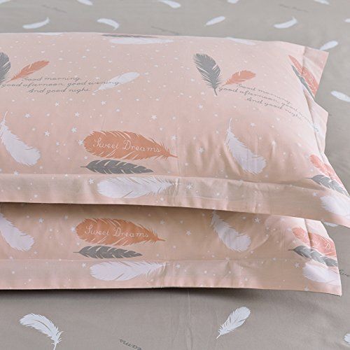  WINLIFE Pink Bedding Set Cotton for Girls Feather Printed Reversible Duvet Cover Set (Feather Twin)