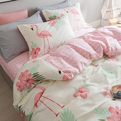  WINLIFE Pink Bedding Set Cotton for Girls Feather Printed Reversible Duvet Cover Set (Feather Twin)