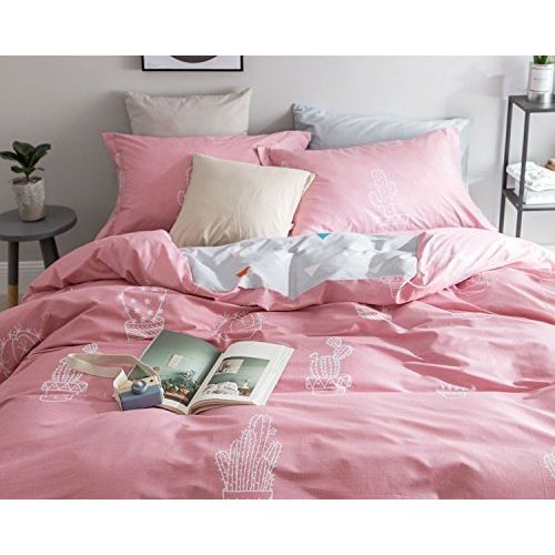  WINLIFE Pink Bedding Set Cotton for Girls Feather Printed Reversible Duvet Cover Set (Feather Twin)