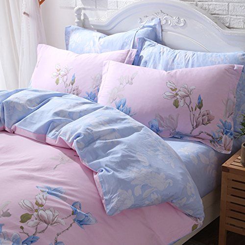  WINLIFE Pink Bedding Set Cotton for Girls Feather Printed Reversible Duvet Cover Set (Feather Twin)