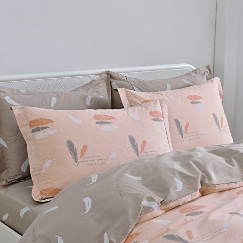  WINLIFE Pink Bedding Set Cotton for Girls Feather Printed Reversible Duvet Cover Set (Feather Twin)