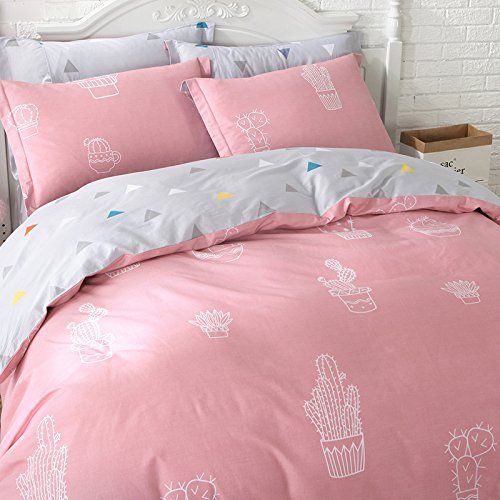  WINLIFE Pink Bedding Set Cotton for Girls Feather Printed Reversible Duvet Cover Set (Feather Twin)