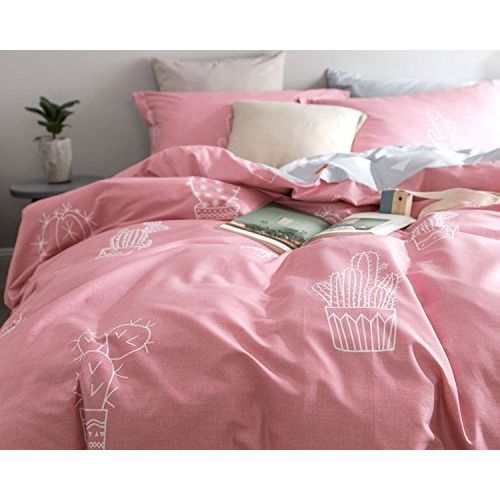  WINLIFE Pink Bedding Set Cotton for Girls Feather Printed Reversible Duvet Cover Set (Feather Twin)