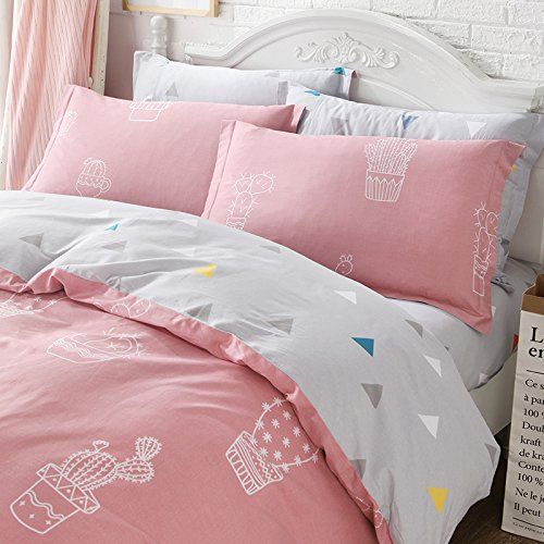  WINLIFE Pink Bedding Set Cotton for Girls Feather Printed Reversible Duvet Cover Set (Feather Twin)