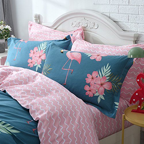  WINLIFE Pink Bedding Set Cotton for Girls Feather Printed Reversible Duvet Cover Set (Feather Twin)