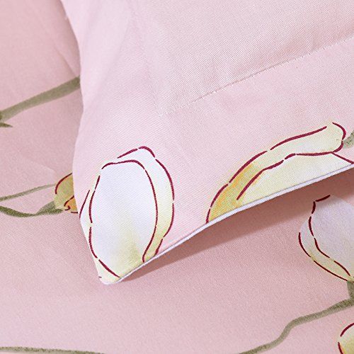  WINLIFE Pink Bedding Set Cotton for Girls Feather Printed Reversible Duvet Cover Set (Feather Twin)