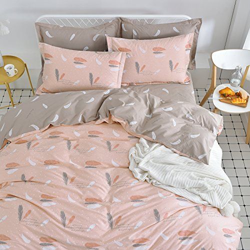  WINLIFE Pink Bedding Set Cotton for Girls Feather Printed Reversible Duvet Cover Set (Feather Twin)