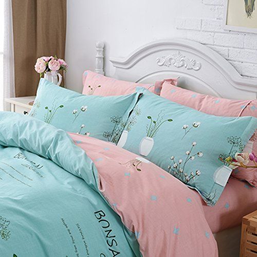  WINLIFE Pink Bedding Set Cotton for Girls Feather Printed Reversible Duvet Cover Set (Feather Twin)