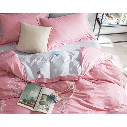  WINLIFE Pink Bedding Set Cotton for Girls Feather Printed Reversible Duvet Cover Set (Feather Twin)