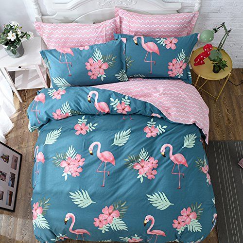  WINLIFE Pink Bedding Set Cotton for Girls Feather Printed Reversible Duvet Cover Set (Feather Twin)