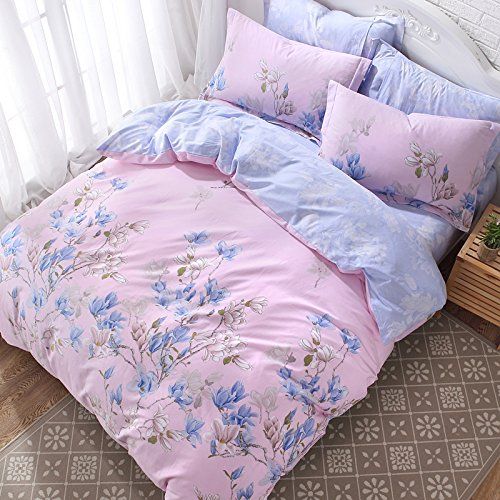  WINLIFE Pink Bedding Set Cotton for Girls Feather Printed Reversible Duvet Cover Set (Feather Twin)