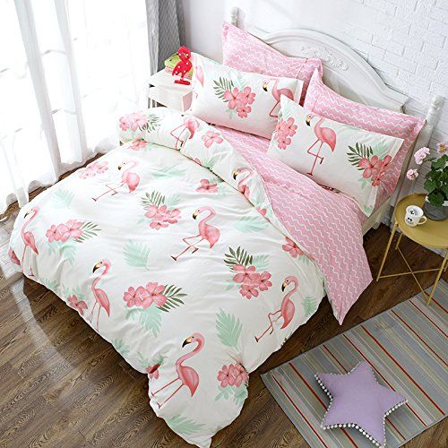  WINLIFE Pink Bedding Set Cotton for Girls Feather Printed Reversible Duvet Cover Set (Feather Twin)