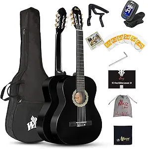 WINZZ 39 Inches Classical Guitar Full Size Beginner Acoustic with Online Lessons Bag Capo Tuner Strings, Black