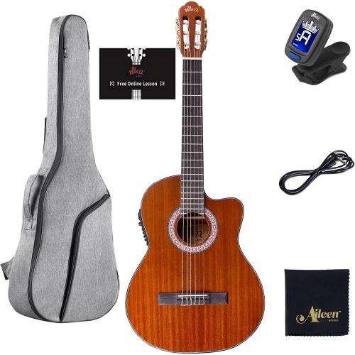  WINZZ 36 Inches 3/4 Size Nylon-string Classical Electric Acoustic Guitar for Travel Beginners Students Kids Build-in Pickup Kit Set