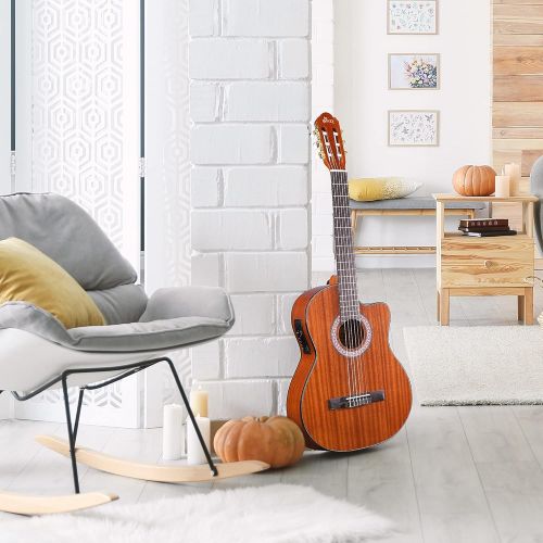  WINZZ 36 Inches 3/4 Size Nylon-string Classical Electric Acoustic Guitar for Travel Beginners Students Kids Build-in Pickup Kit Set