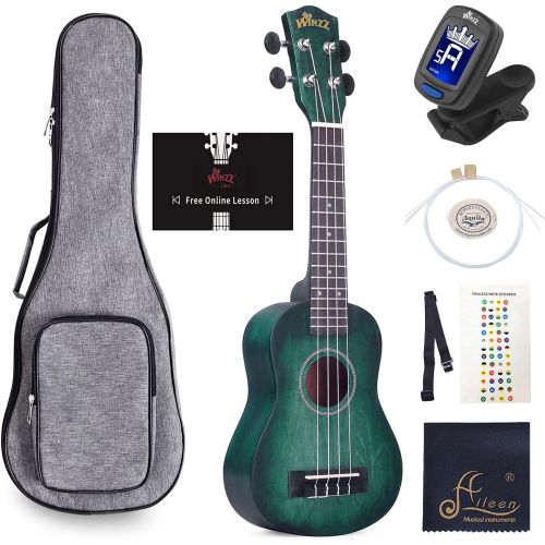  WINZZ 21 Inches Soprano Ukulele Vintage Hawaiian with Bag, Tuner, Strap, Extra Strings, Fingerboard Sticker, Dark Hunter Green