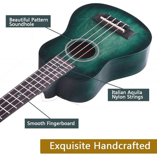  WINZZ 21 Inches Soprano Ukulele Vintage Hawaiian with Bag, Tuner, Strap, Extra Strings, Fingerboard Sticker, Dark Hunter Green