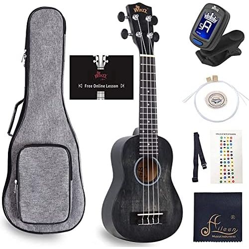  WINZZ 21 Inches Soprano Ukulele Vintage Hawaiian with Bag, Tuner, Strap, Extra Strings, Fingerboard Sticker, Black