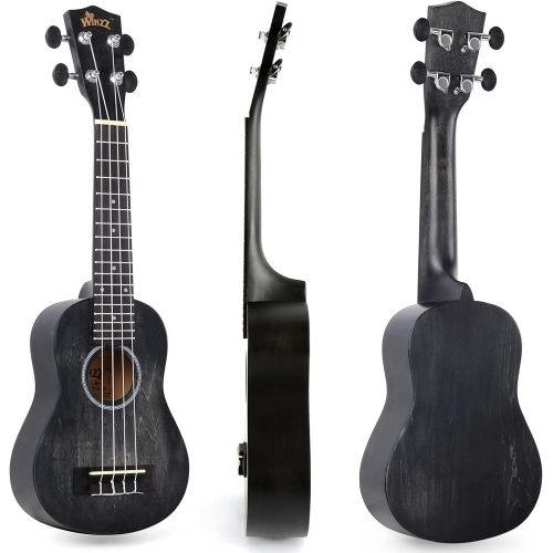  WINZZ 21 Inches Soprano Ukulele Vintage Hawaiian with Bag, Tuner, Strap, Extra Strings, Fingerboard Sticker, Black