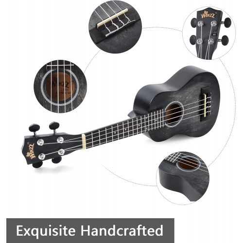  WINZZ 21 Inches Soprano Ukulele Vintage Hawaiian with Bag, Tuner, Strap, Extra Strings, Fingerboard Sticker, Black