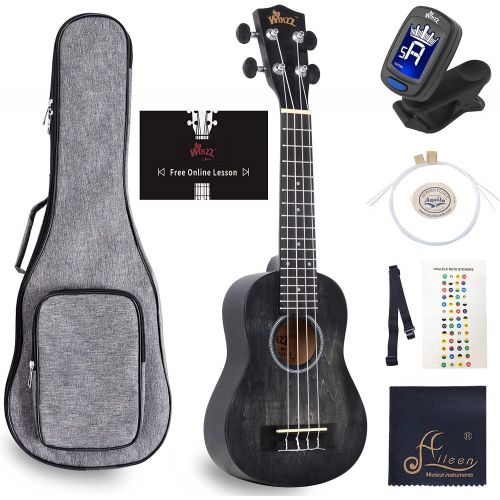  [아마존베스트]WINZZ 21 Inches Soprano Ukulele Vintage Hawaiian with Bag, Tuner, Strap, Extra Strings, Fingerboard Sticker, Black