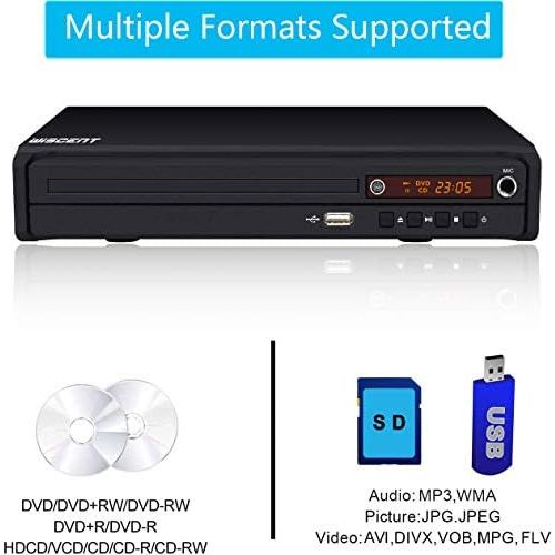  WISCENT DVD Player, HDMI DVD Player for TV, USB 2.0 Media Player, Multi Format Playback with CD MP3 and JPEG, All Region Free Home DVD Player, (HDMI Cable Included), Mini Compact DVD CD MP