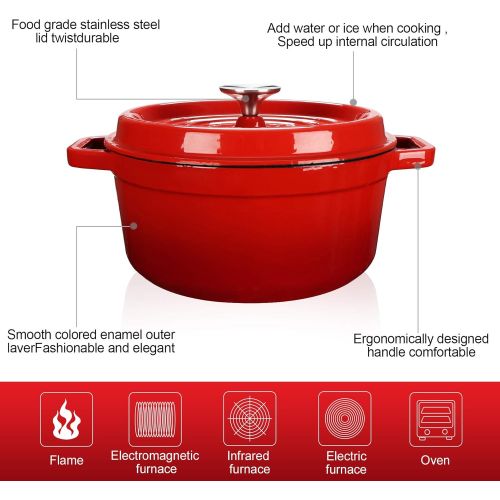  WISELADY Enameled Cast Iron Dutch Oven Bread Baking Pot with Lid (3QT, Red)