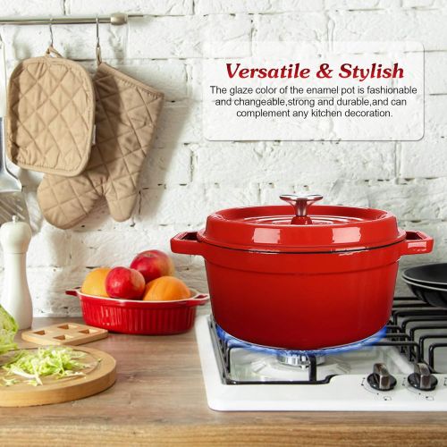  WISELADY Enameled Cast Iron Dutch Oven Bread Baking Pot with Lid (3QT, Red)