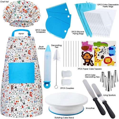  [아마존베스트]WIZGA Kids Cooking and Baking Set - 38 Pcs Cake Decorating Gift Kit for Girls and Boys Includes Real Kids Apron, Chef Hat, Cake Turntable Decorating Supplies for The Curious Junior Chef