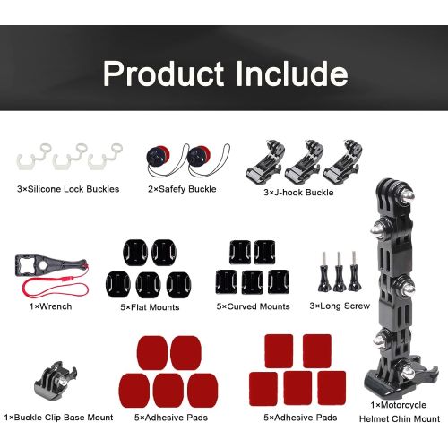  WLPREOE 34in1 Motorcycle Helmet Chin Mount Kits for GoPro Hero 10 9 8 7 Black Silver White 6 5 4 Osmo and Other Action Camera with Extra Camera Tethers, Mount Bases and Adhesive Pa