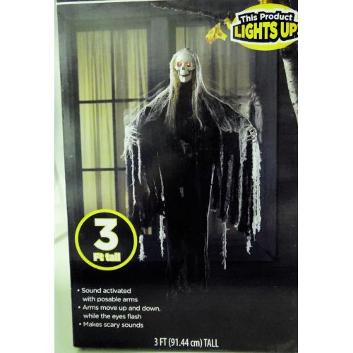  WM Light Up Animated Reaper Skeleton Halloween Decorations - Flashing Eyes, Moving Arms and Spooky Sounds - 3 ft tall