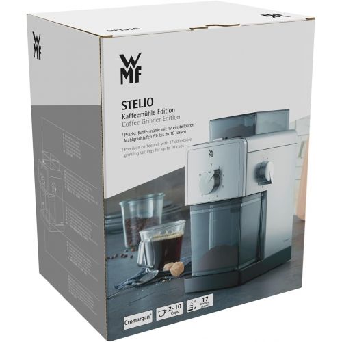 더블유엠에프 WMF STELIO Kaffeemuehle Edition, Scheibenmahlwerk aus Stahl, 17-stufiger Mahlgrad, 2-10 Tassen, ideal fuer Filterkaffee oder French Press, 110 Watt