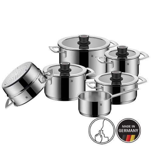 더블유엠에프 WMF VarioCuisine Topfset, 6-teilig, mit Glasdeckel inkl. Thermometer, Kochtopf, Stielkasserolle, Dampeinsatz, Cromargan Edelstahl, Silikonrand, spuelmaschinengeeignet