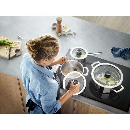 더블유엠에프 WMF VarioCuisine Topfset, 6-teilig, mit Glasdeckel inkl. Thermometer, Kochtopf, Stielkasserolle, Dampeinsatz, Cromargan Edelstahl, Silikonrand, spuelmaschinengeeignet