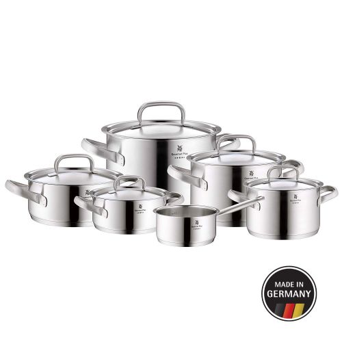 더블유엠에프 WMF Gourmet Plus Topfset 6-teilig mit Metalldeckel, Kochtopf, Stielkasserolle, Cromargan Edelstahl mattiert, Innenskalierung, Dampfoeffnung, induktionsgeeignet