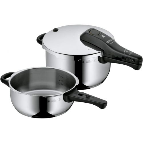 더블유엠에프 WMF Perfect Schnellkochtopf Set 2-teilig 4,5l + 3,0l, Schnelltopf 22 cm, Cromargan Edelstahl poliert, Induktion, 2 Kochstufen, Einhand-Kochstufenregler