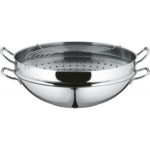 더블유엠에프 WMF Party Wok-Set 4-teilig, Wokpfanne mit Deckel, 36 cm, Dampfer 4,5l, Ablagegitter, Dampfereinsatz Cromargan Edelstahl poliert, unbeschichtet, Induktion