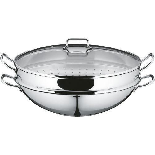 더블유엠에프 WMF Party Wok-Set 4-teilig, Wokpfanne mit Deckel, 36 cm, Dampfer 4,5l, Ablagegitter, Dampfereinsatz Cromargan Edelstahl poliert, unbeschichtet, Induktion