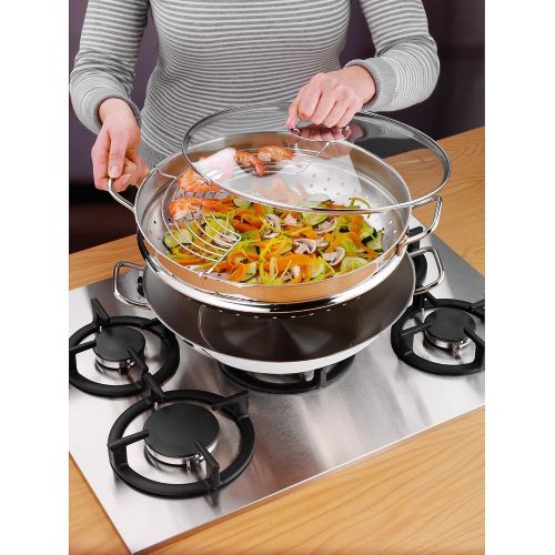 더블유엠에프 WMF Party Wok-Set 4-teilig, Wokpfanne mit Deckel, 36 cm, Dampfer 4,5l, Ablagegitter, Dampfereinsatz Cromargan Edelstahl poliert, unbeschichtet, Induktion