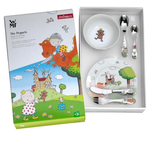 더블유엠에프 WMF The Peppels Kindergeschirr, mit Kinderbesteck, 6-teilig, ab 3 Jahren, Cromargan Edelstahl poliert, spuelmaschinengeeignet, farb- und lebensmittelecht